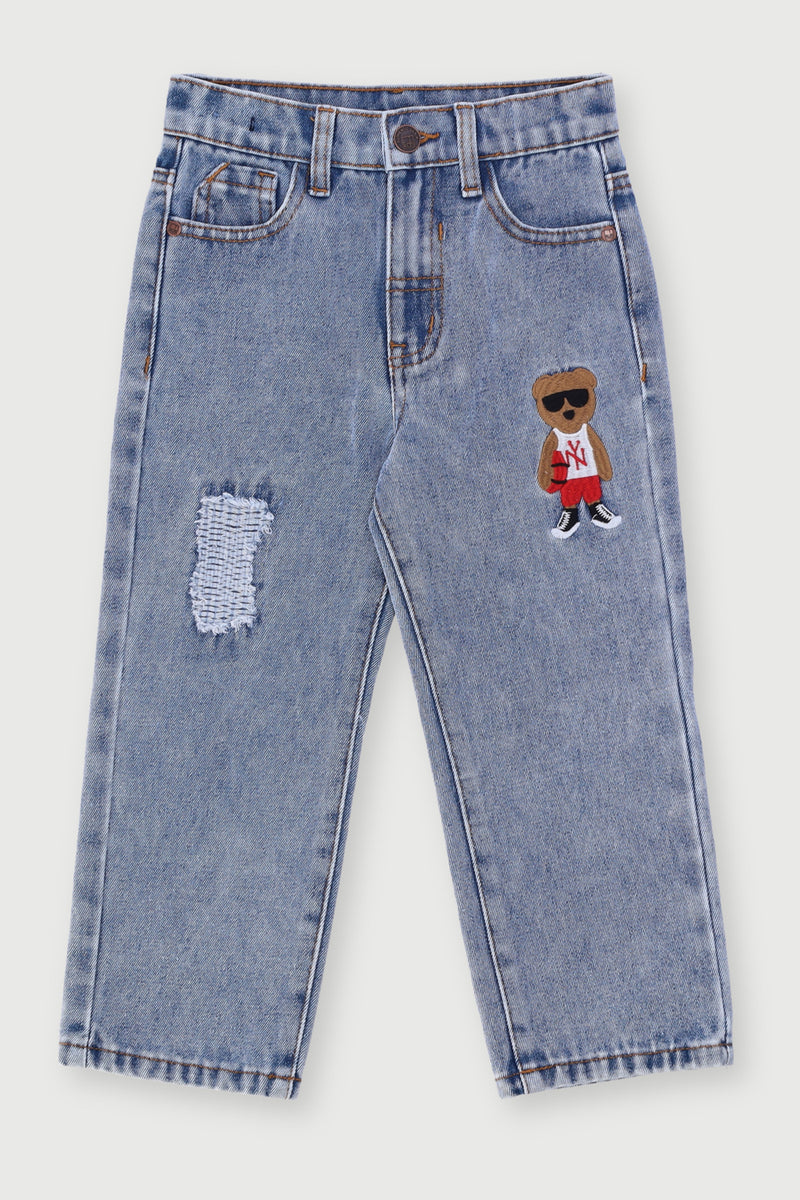 Pre-Boys Teddy Embroidered Loose Fit Denim - Light Blue