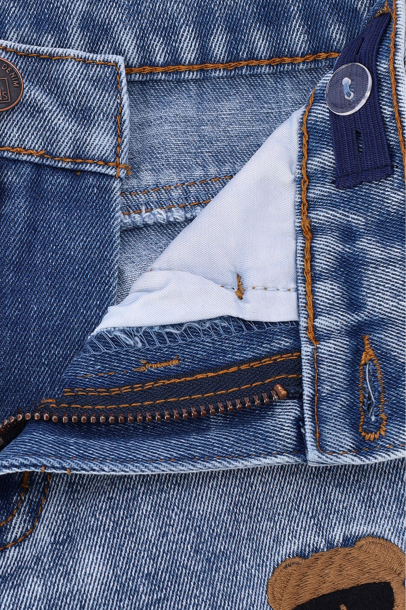 Pre-Boys Teddy Embroidered Loose Fit Denim - Light Blue