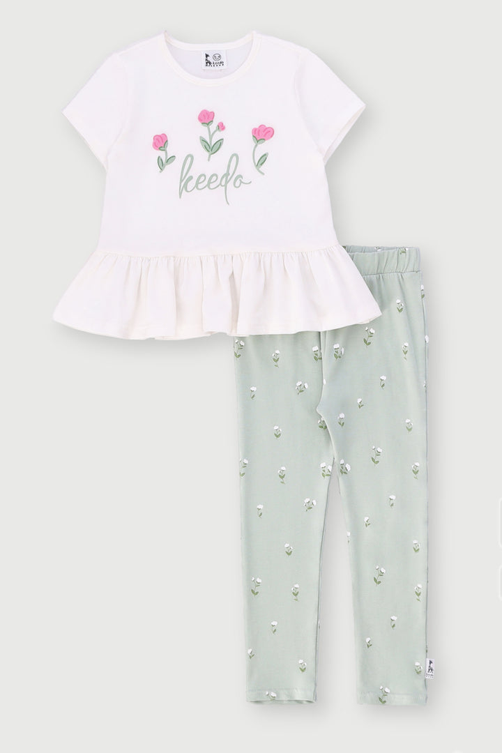 Keedo Girls Floral Tee & Legging Set - Cream