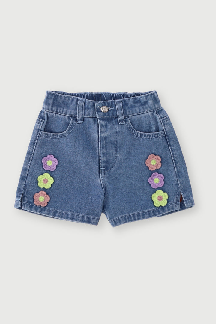 Pre-Girls Crochet Flower Denim Shorts - Light Blue