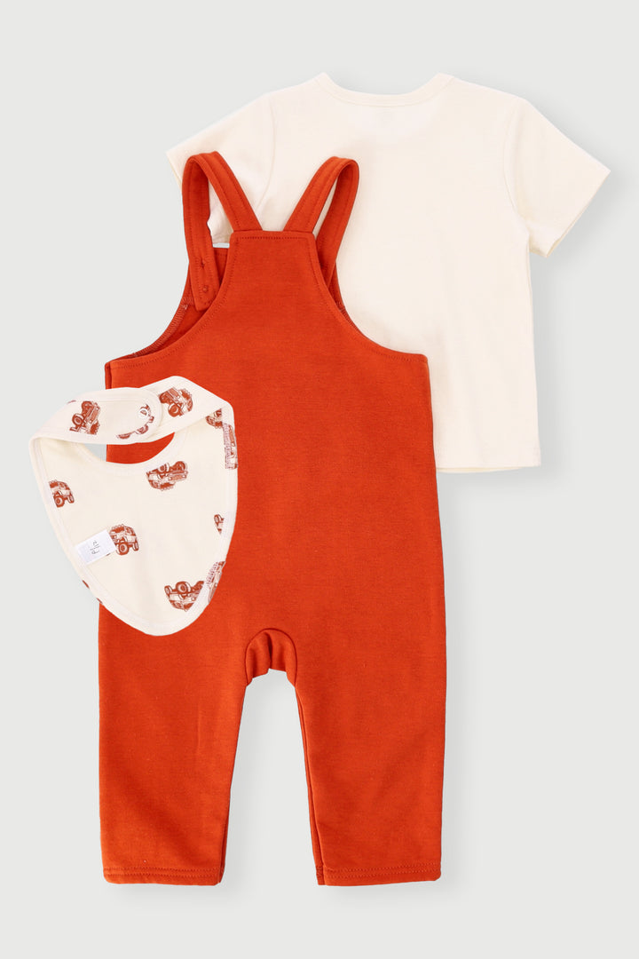 Baby Boys Dungaree & Tee & Bib Adventure Set - Rust