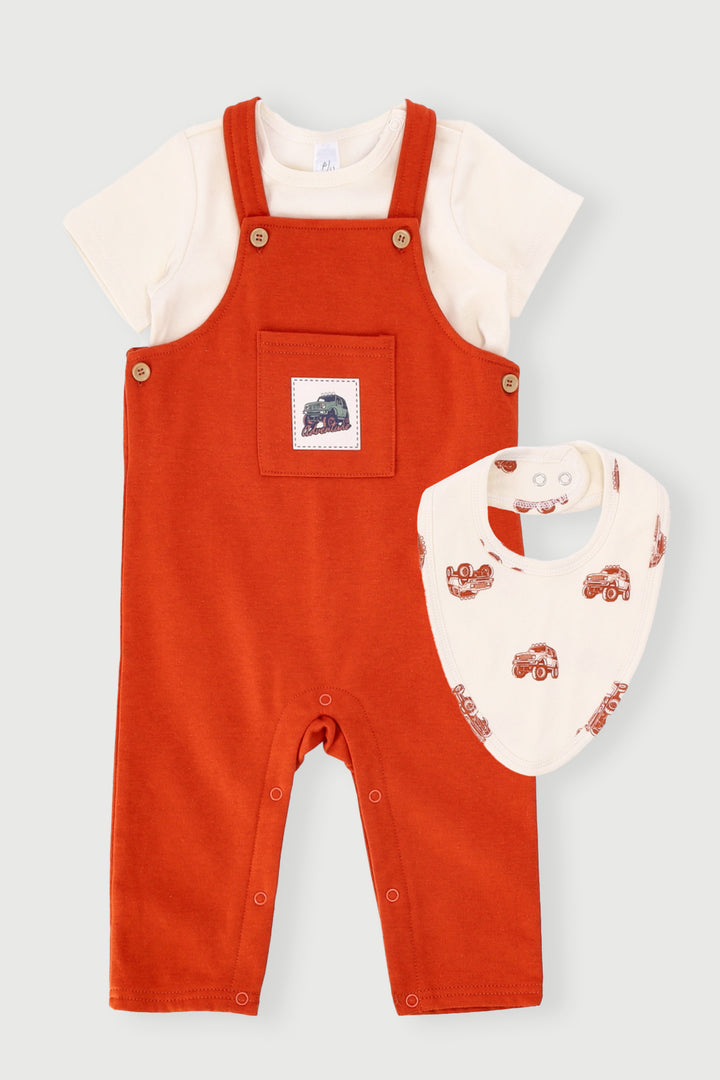 Baby Boys Dungaree & Tee & Bib Adventure Set - Rust