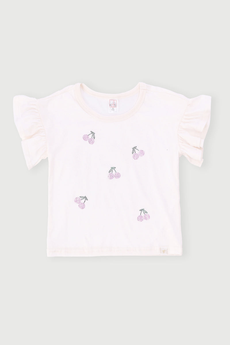 Pre-Girls Sequin Cherries Frill Detail Tee - Cream