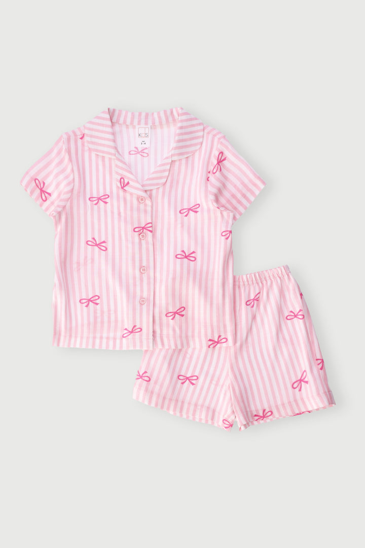 Pre-Girls Bow Print Linen Button Through Set - Pink
