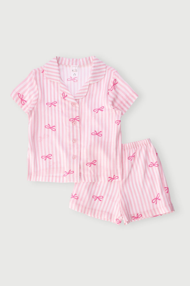 Pre-Girls Bow Print Linen Button Through Set - Pink