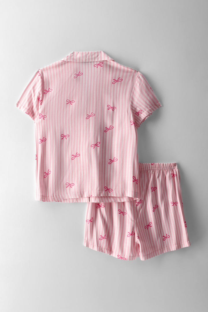 Girls Bow Print Linen Button Through Set - Pink