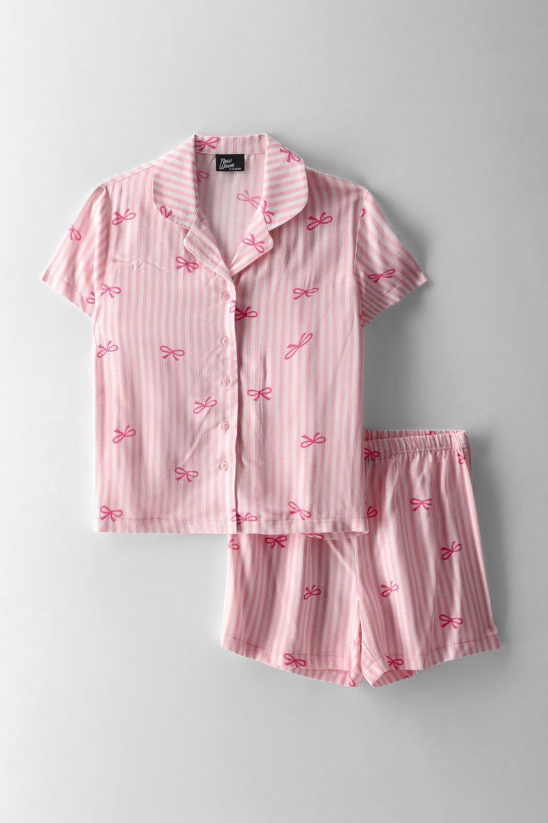 Girls Bow Print Linen Button Through Set - Pink