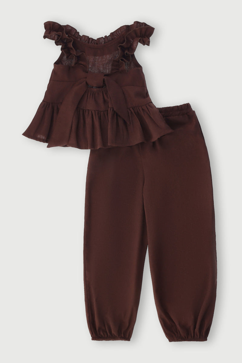 Pre-Girls Peplum Linen Pants Set - Brown