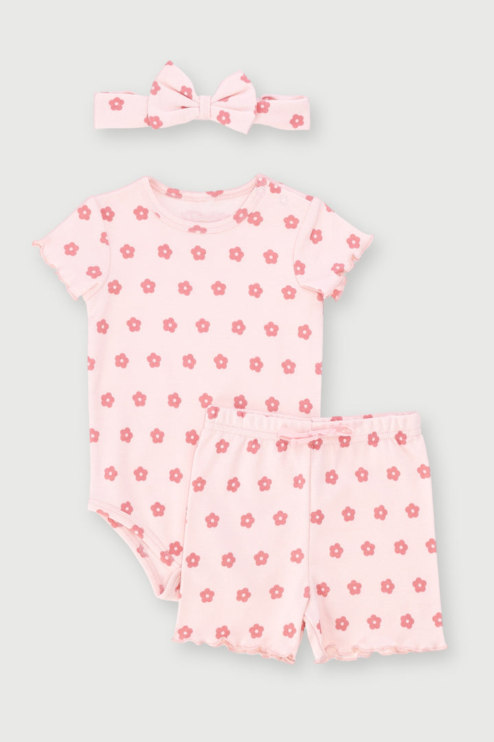 Baby Girls 3 Piece Floral Vest & Shorts Set - Pink
