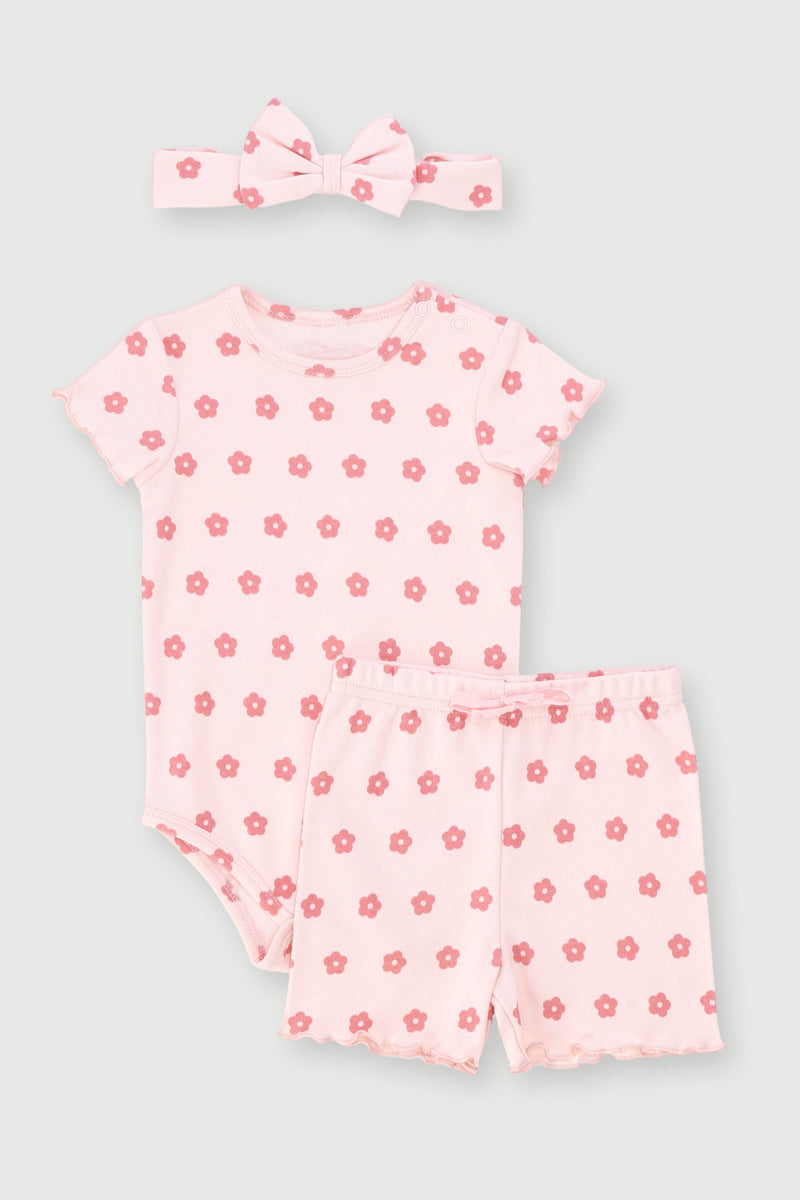Baby Girls 3 Piece Floral Vest & Shorts Set - Pink