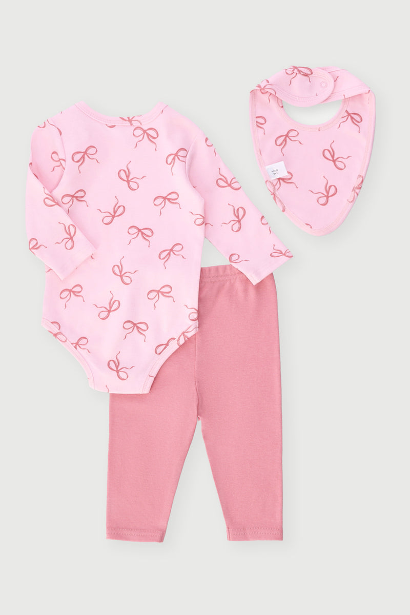 Baby Girls 3 Piece Bow Legging & Vest Set - Pink