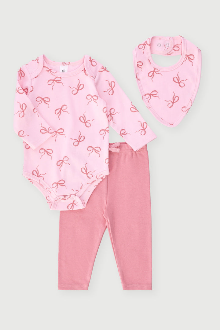 Baby Girls 3 Piece Bow Legging & Vest Set - Pink