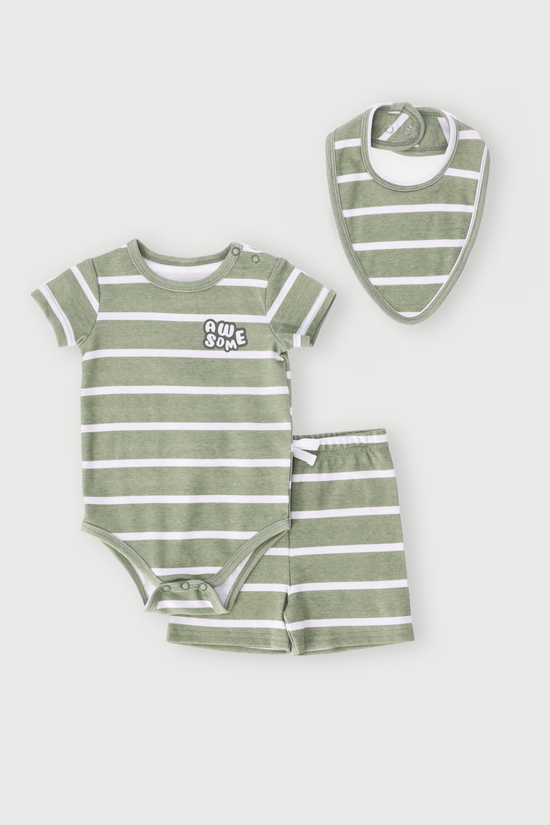 Baby Boys 3 Piece Awesome Stripe Shorts & Vest Set - Sage