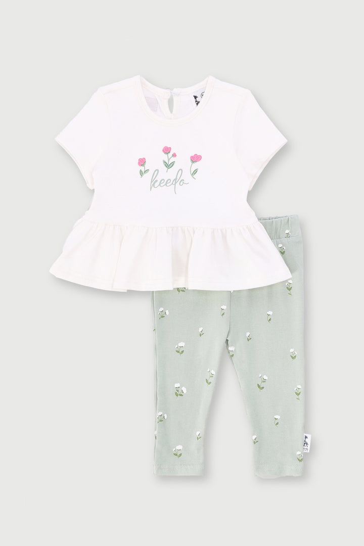 Keedo Baby Girls Floral Tee & Legging Set  - Cream