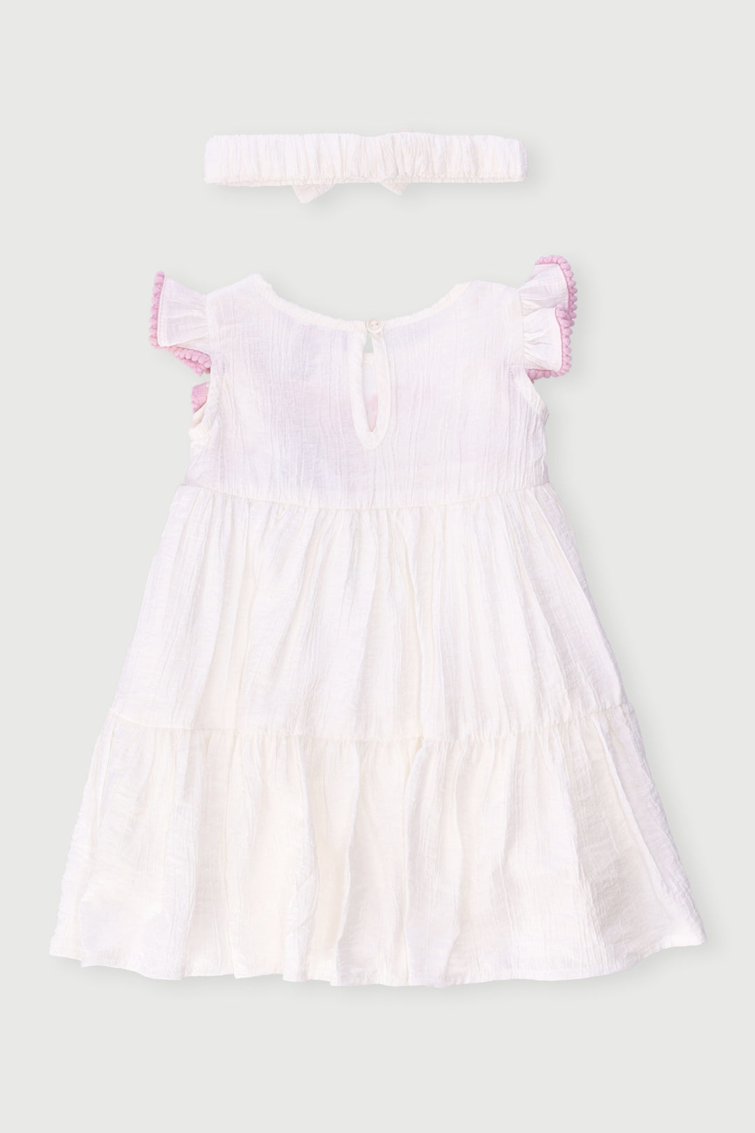 Baby Girls Crinkle Cotton Bobble Hem Dress & Headband Set - Cream