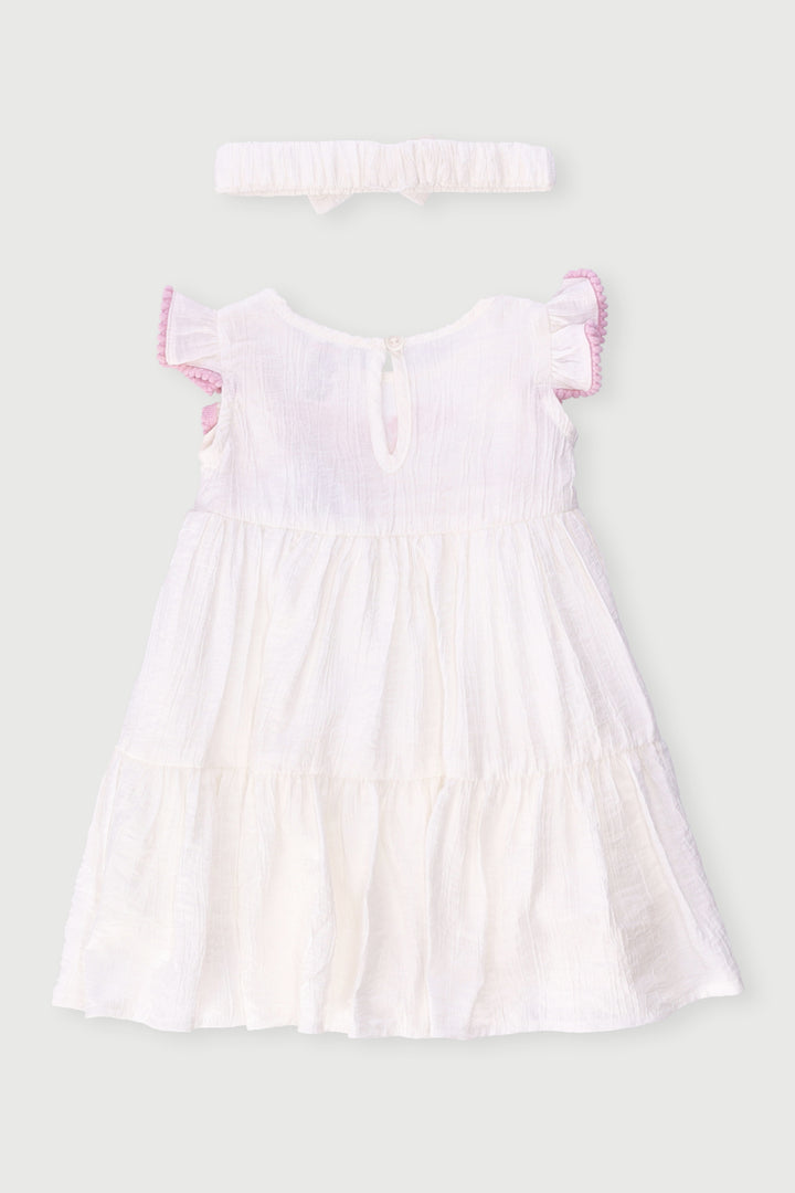 Baby Girls Crinkle Cotton Bobble Hem Dress & Headband Set - Cream