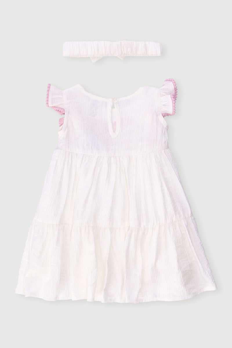 Baby Girls Crinkle Cotton Bobble Hem Dress & Headband Set - Cream