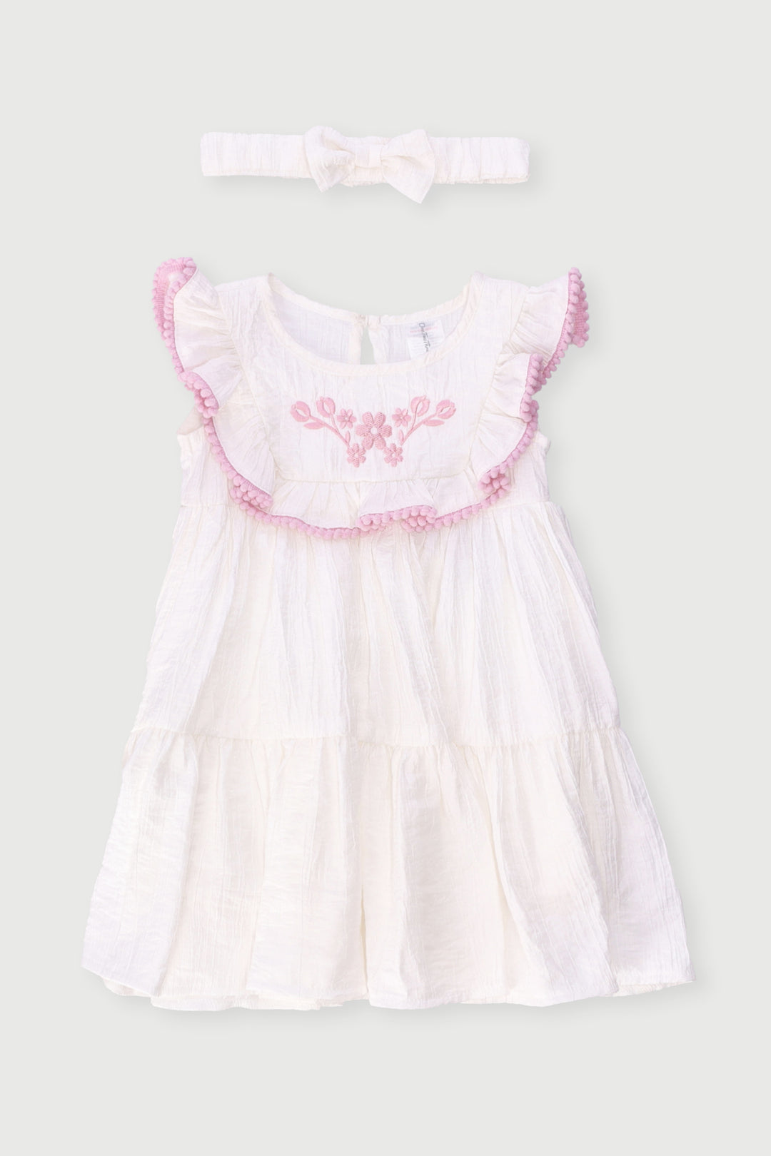Baby Girls Crinkle Cotton Bobble Hem Dress & Headband Set - Cream