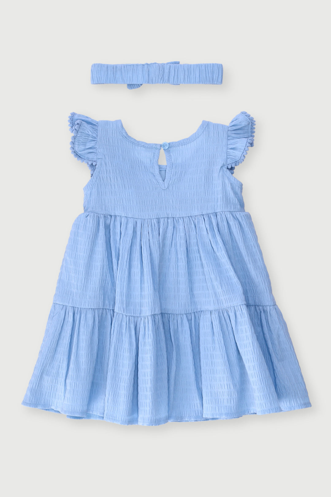 Baby Girls Crinkle Cotton Bobble Hem Dress & Headband Set - Blue