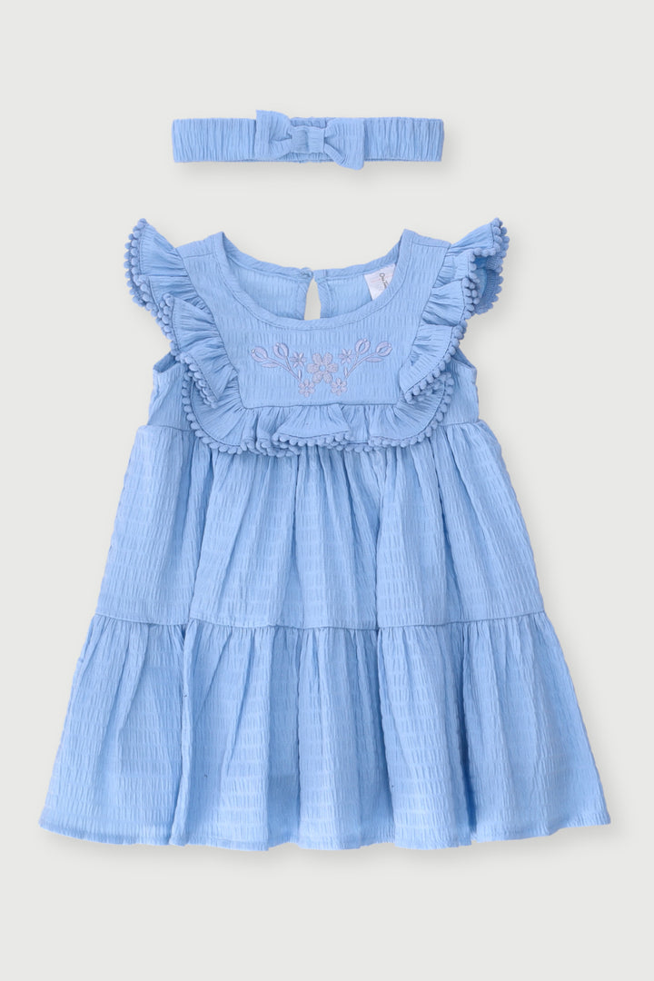 Baby Girls Crinkle Cotton Bobble Hem Dress & Headband Set - Blue
