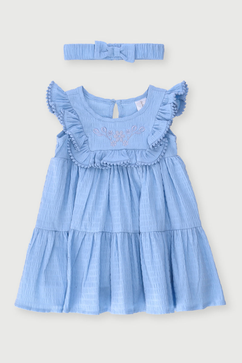 Baby Girls Crinkle Cotton Bobble Hem Dress & Headband Set - Blue