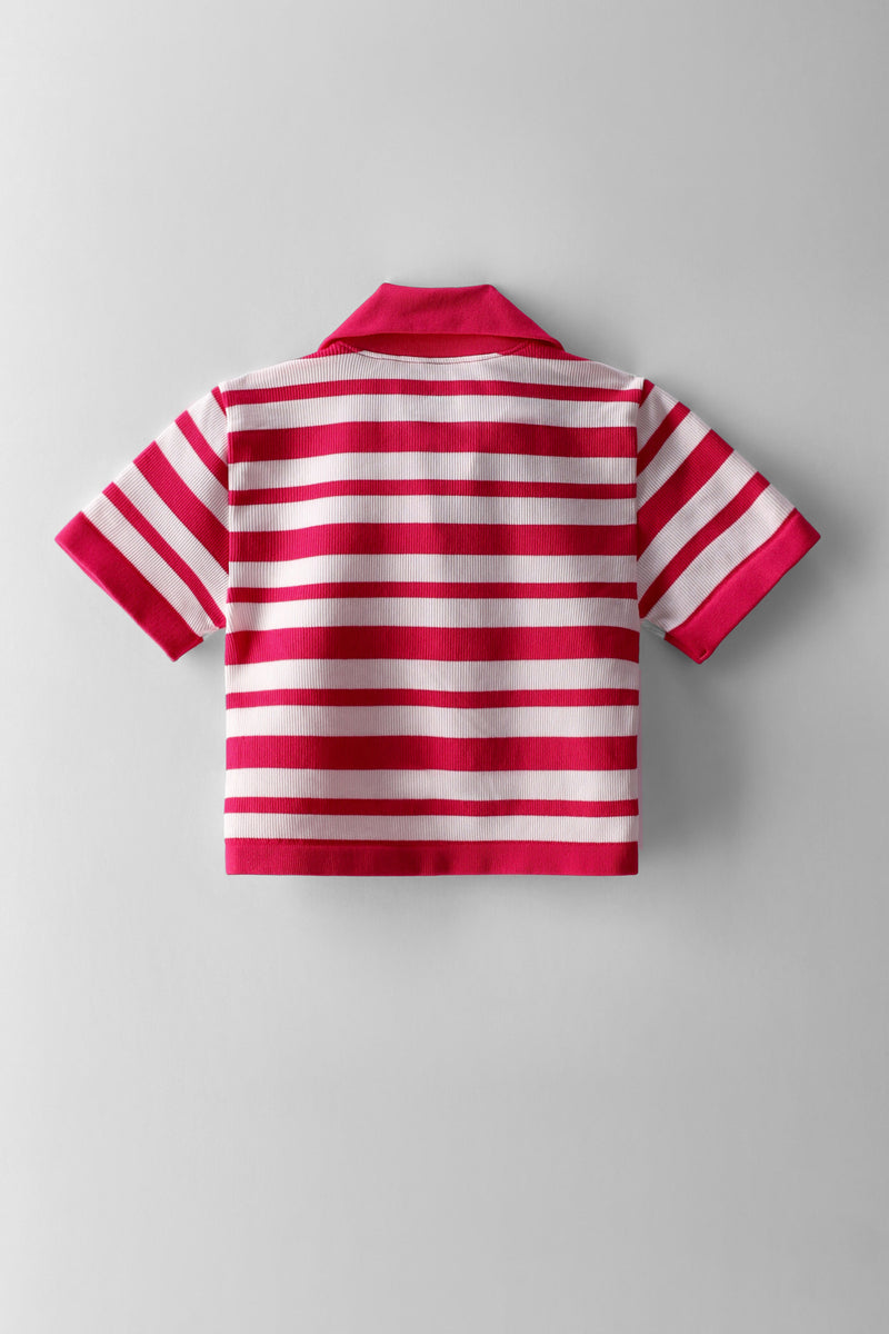 Girls Stripe Johnny Collar Top - Pink