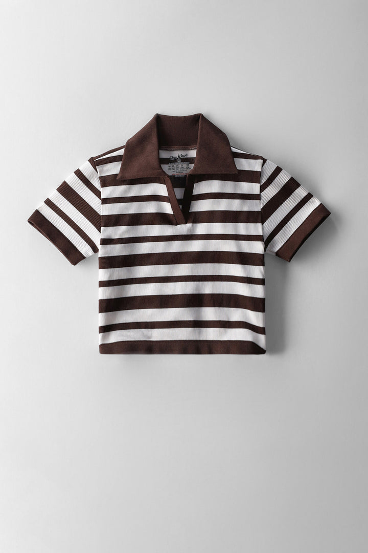 Girls Stripe Johnny Collar Top - Stone/White