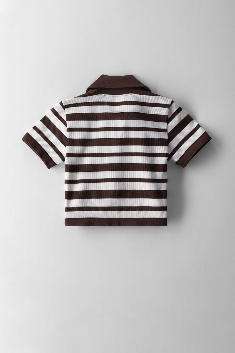 Girls Stripe Johnny Collar Top - Stone/White