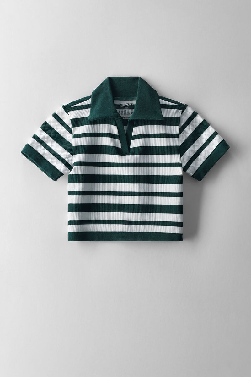 Girls Stripe Johnny Collar Top - Cream/Green