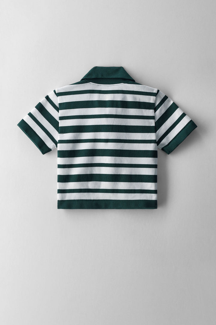 Girls Stripe Johnny Collar Top - Cream/Green