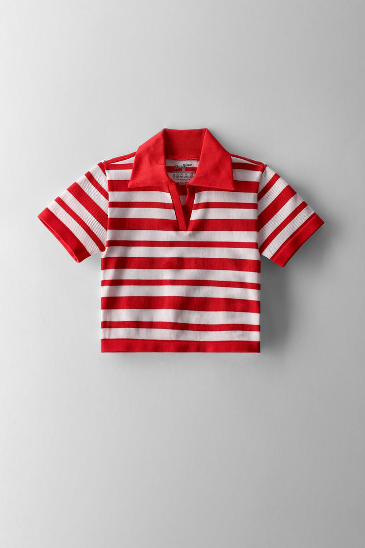 Girls Stripe Johnny Collar Top - Cream/Red