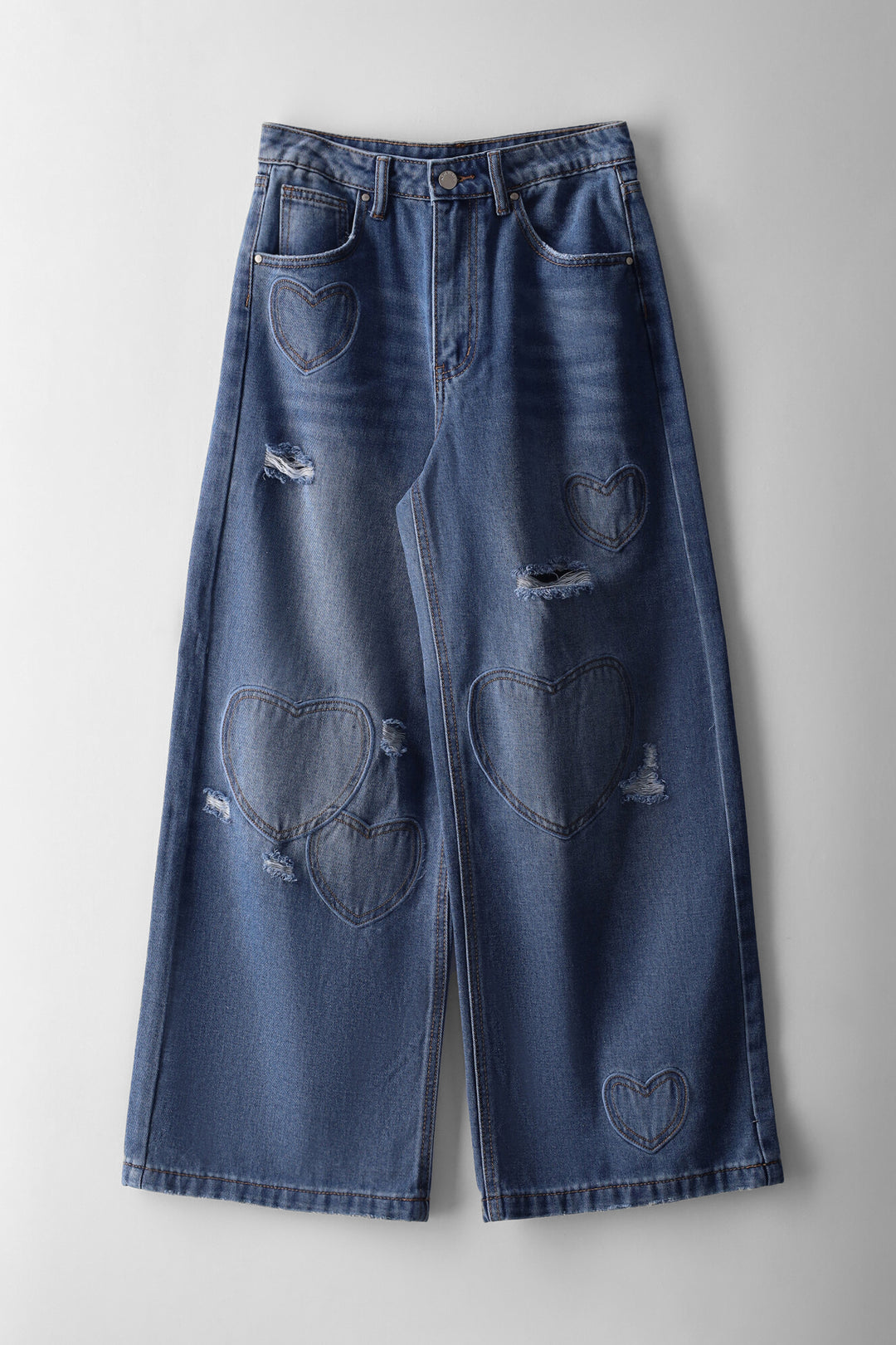 Girls Heart Abrasion Wide Leg Denim - Mid Blue