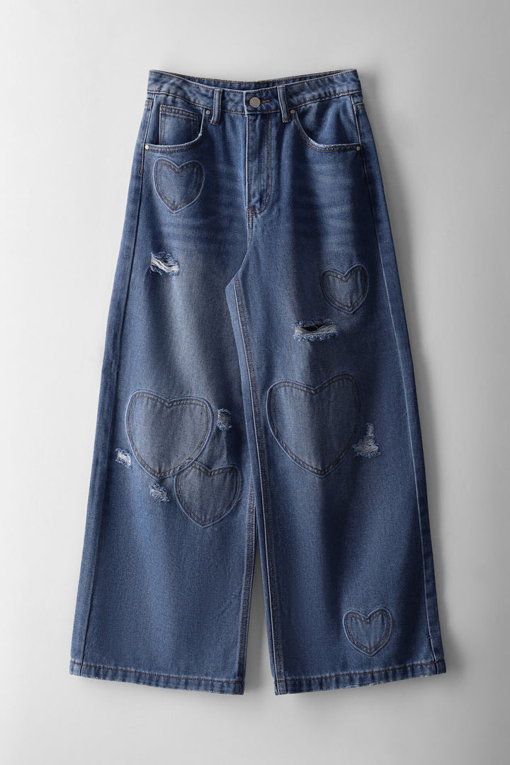 Girls Heart Abrasion Wide Leg Denim - Mid Blue