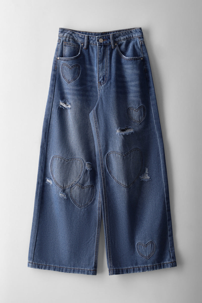 Girls Heart Abrasion Wide Leg Denim - Mid Blue