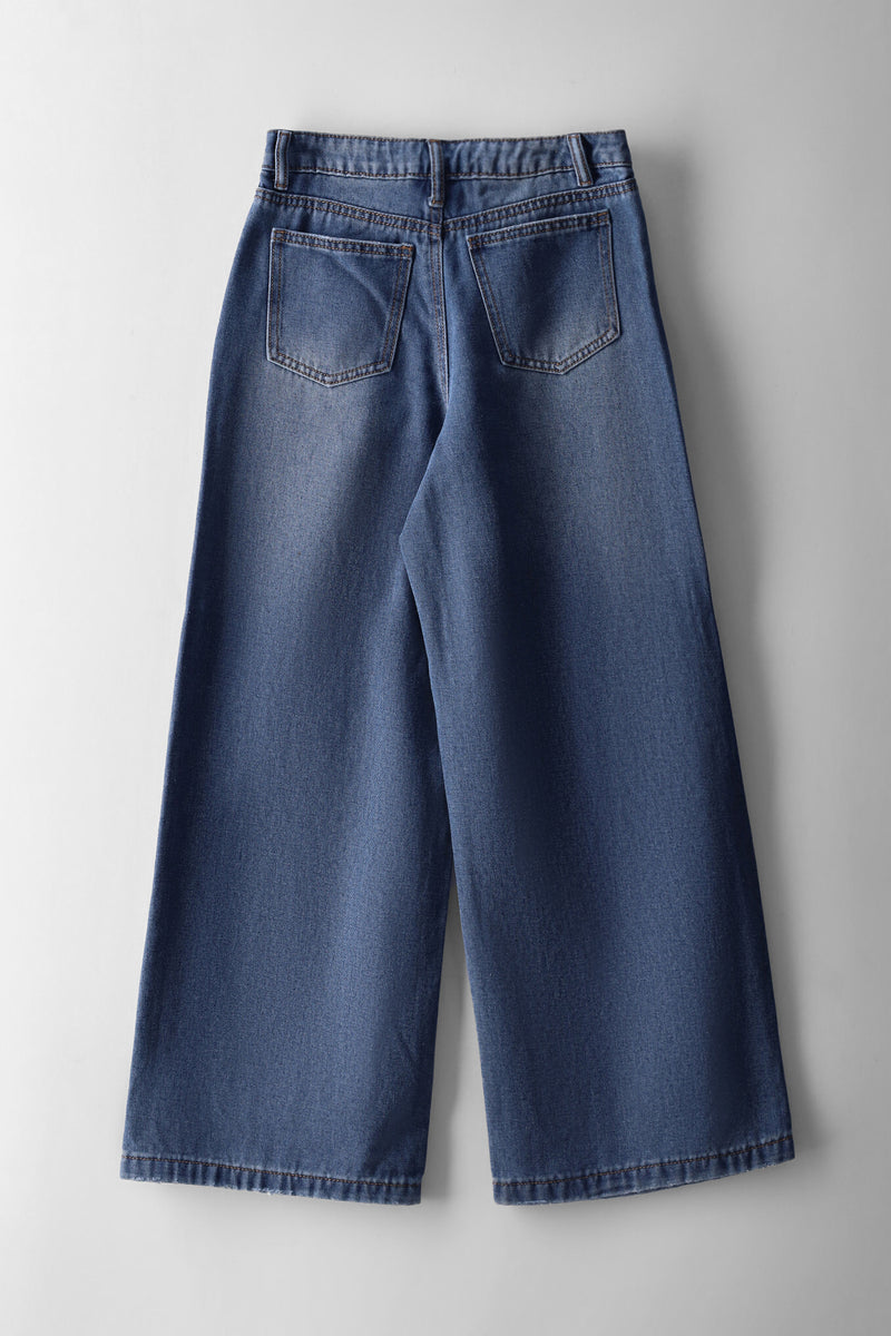 Girls Heart Abrasion Wide Leg Denim - Mid Blue