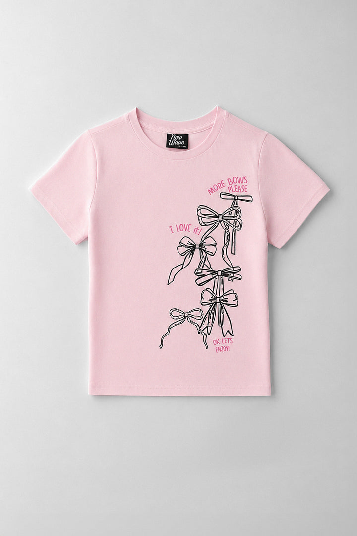 Girls More Bows Fitted Tee - Light Pink