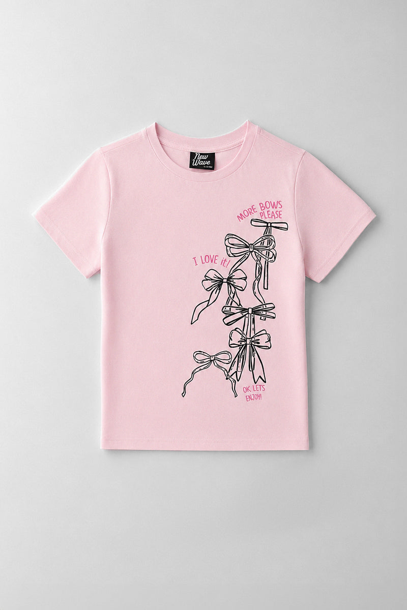 Girls More Bows Fitted Tee - Light Pink