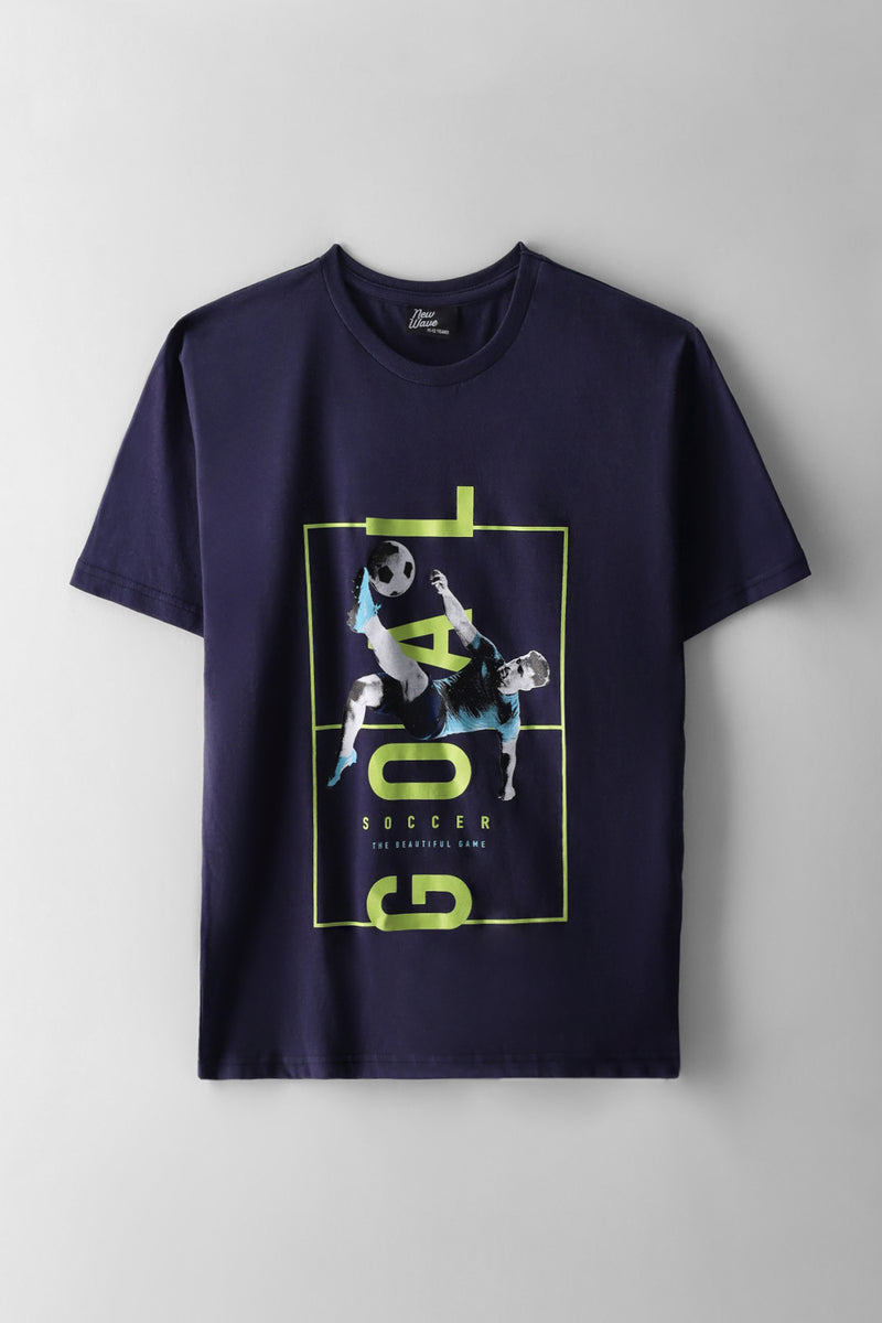 Boys Soccer Goal Print T-Shirt - Navy