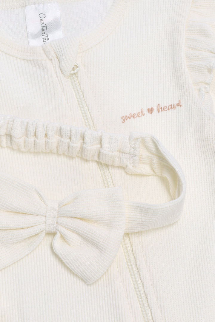 Baby Girls Sleepsuit With Headband - Cream