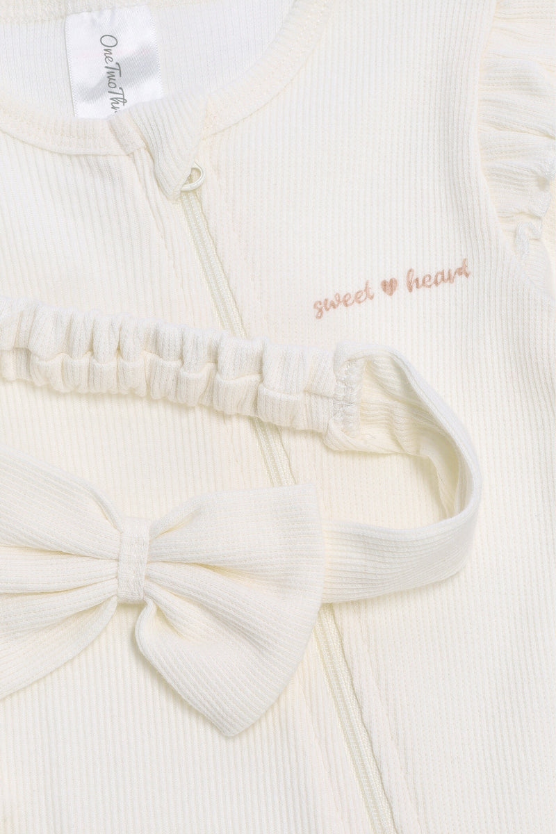 Baby Girls Sleepsuit With Headband - Cream