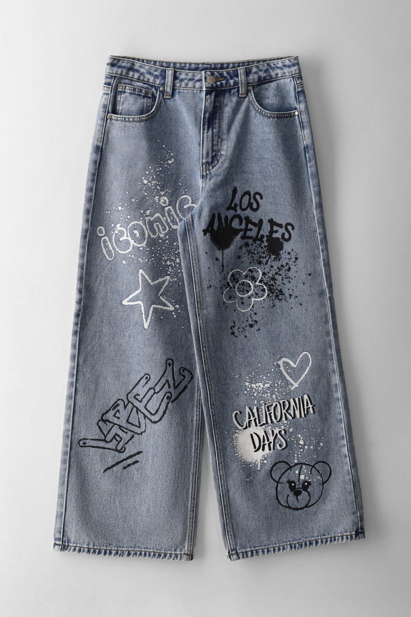 Girls Graffiti Wide Leg Denim - Light Stone