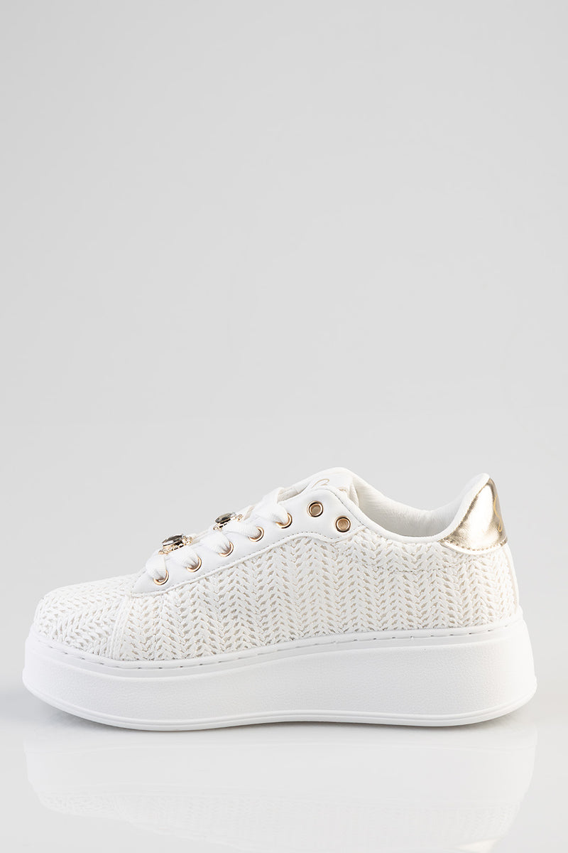 Beachy Woven Platform Sneaker With Shoelace Charms - White