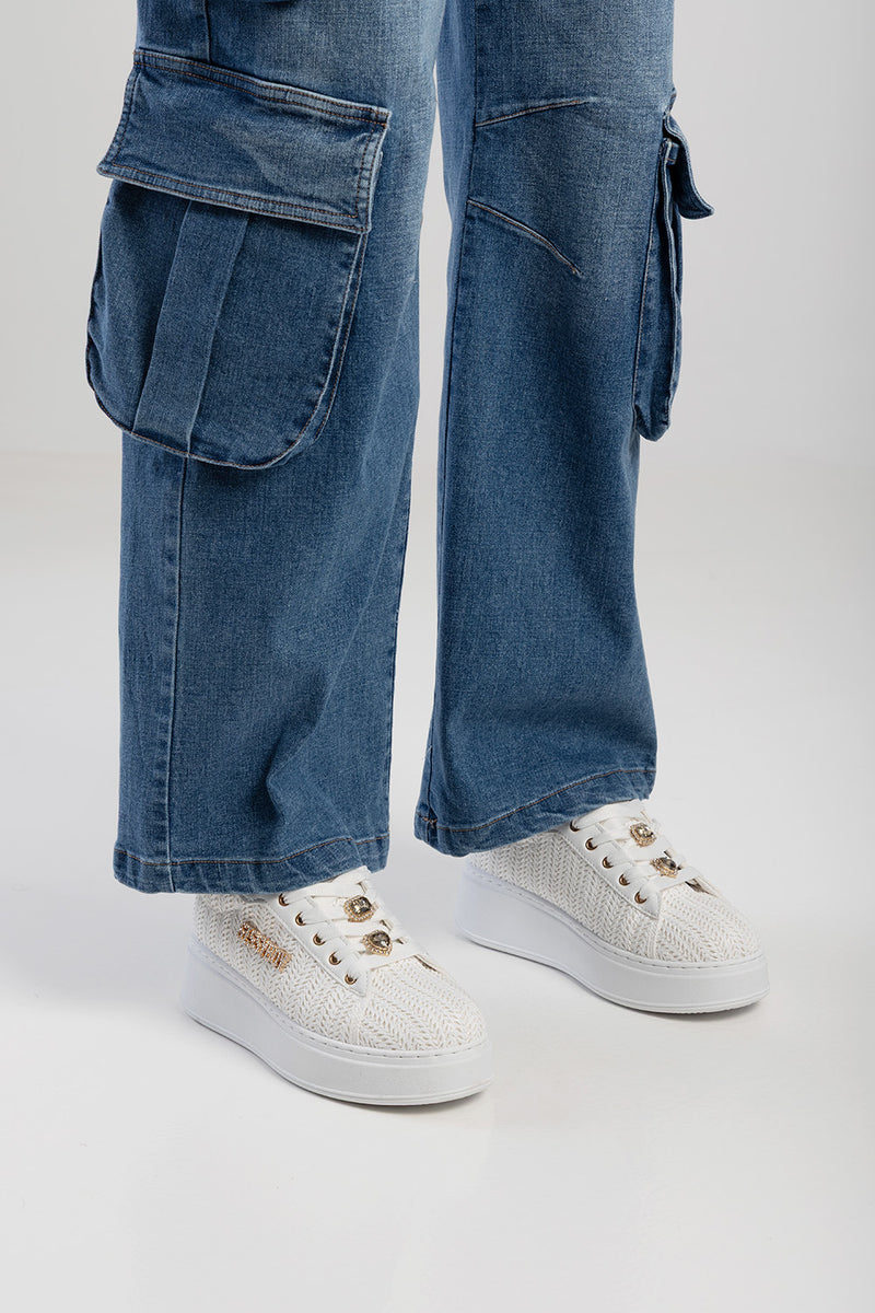Beachy Woven Platform Sneaker With Shoelace Charms - White
