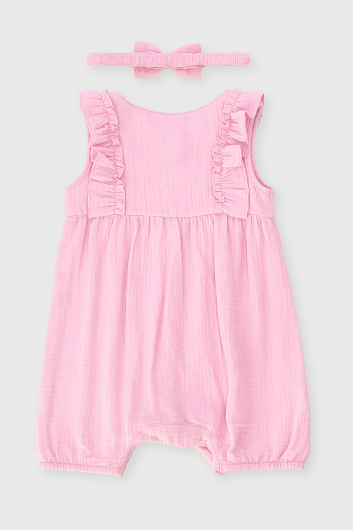 Baby Girls Muslin Fashion Romper With Headband - Pink