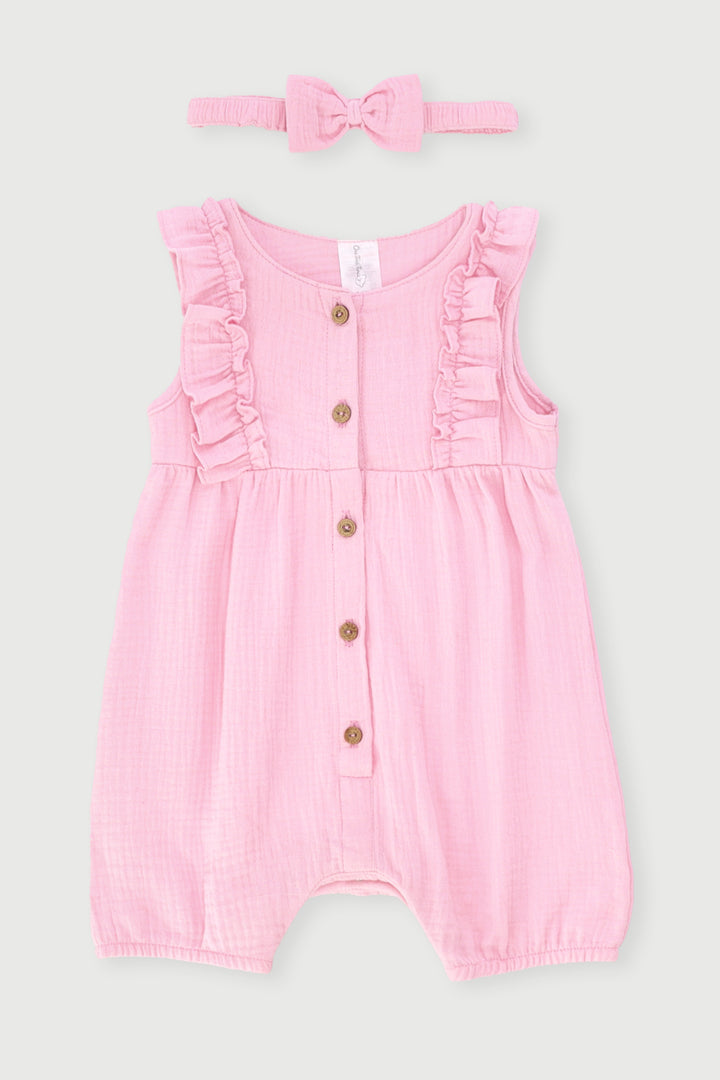 Baby Girls Muslin Fashion Romper With Headband - Pink