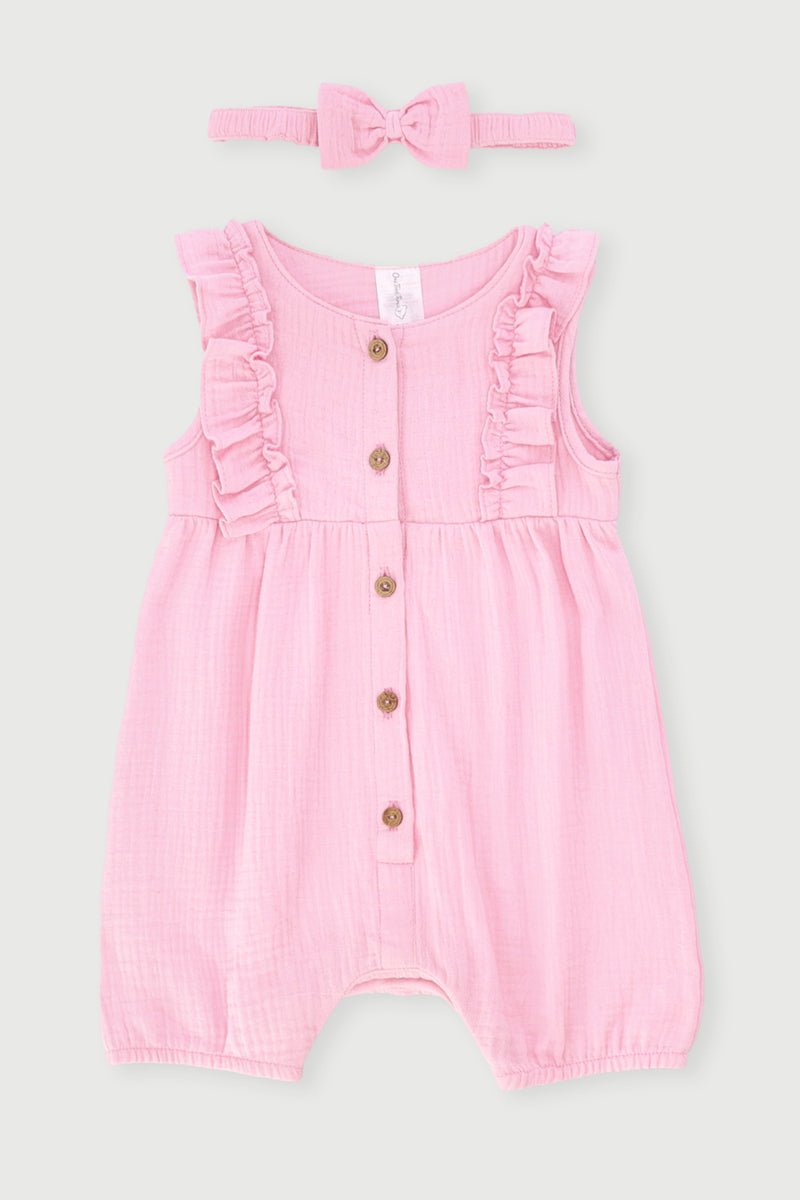 Baby Girls Muslin Fashion Romper With Headband - Pink