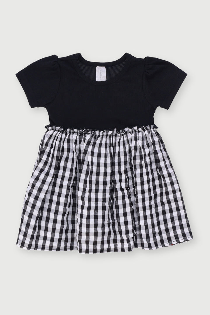 Baby Girls Check Combo Dress - Black