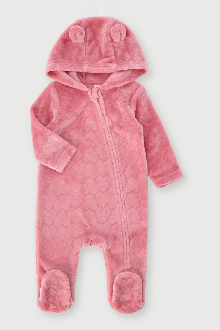 Baby Girls Hooded Embossed Babygrow - Rose