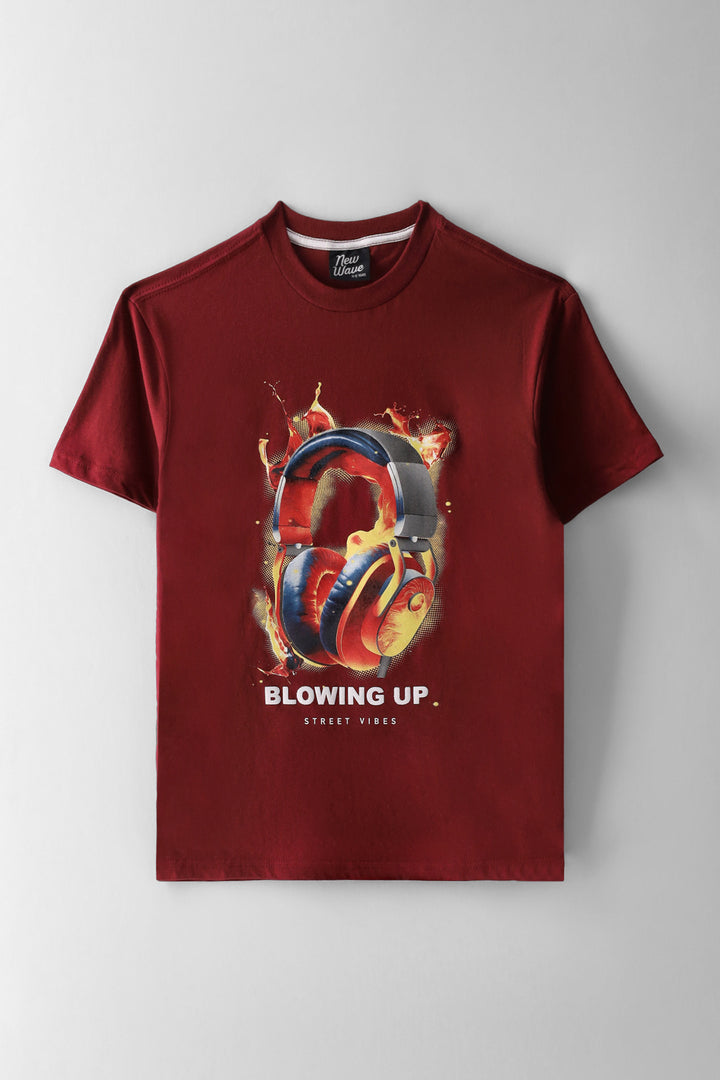 Boys Fire Headphone Print T-Shirt - Burgundy