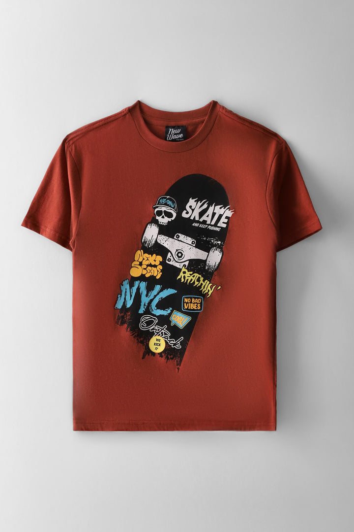 Boys Skateboard Print T-Shirt - Rust